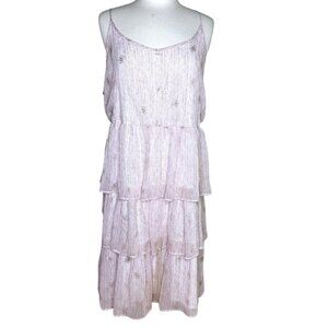 LC Lauren Conrad White Patterned Tiered Chiffon Dress, Gold Rosettes, Size XL